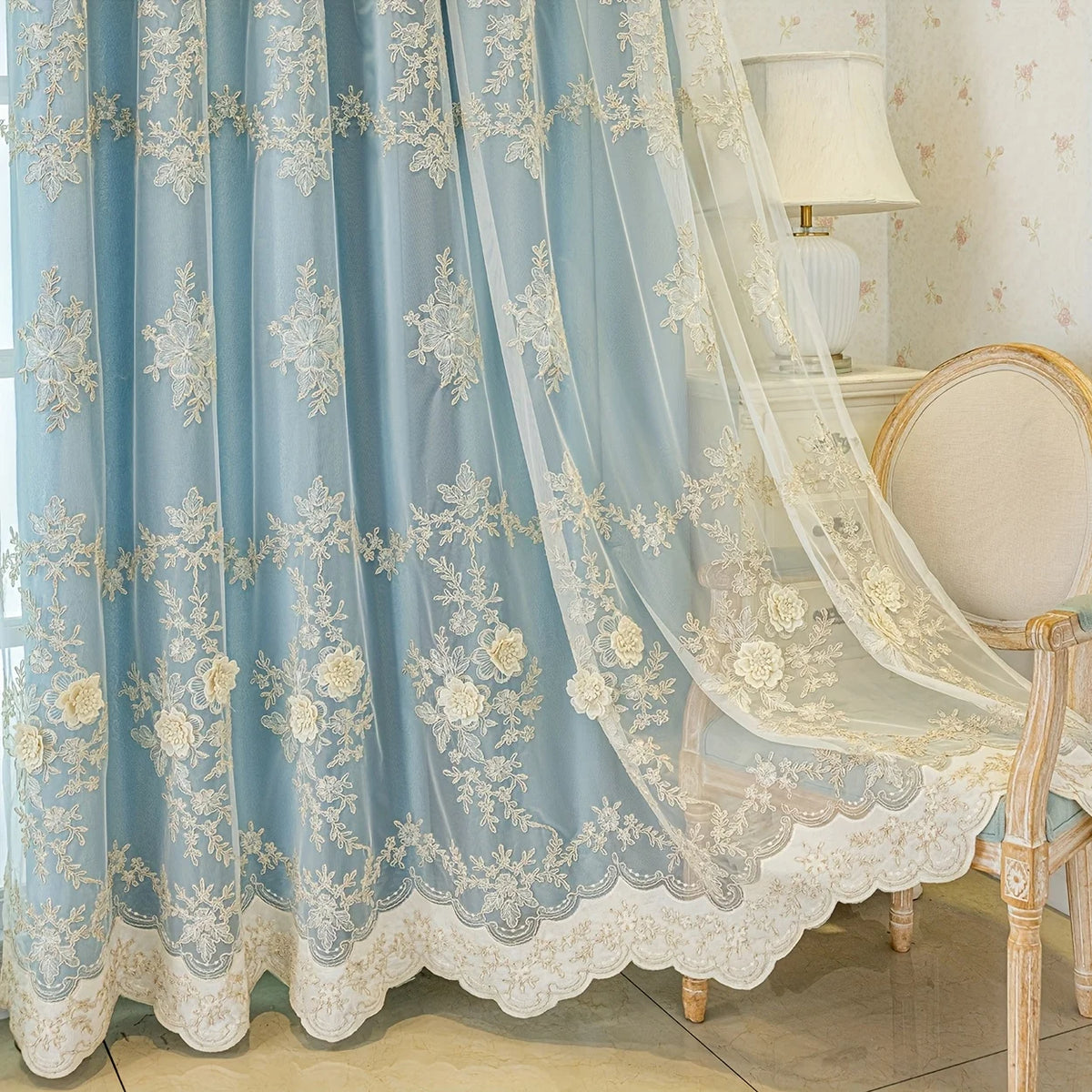 Embroidered Floral Blackout Curtain, Double Layer Sun Protection for Bedroom & Living Room