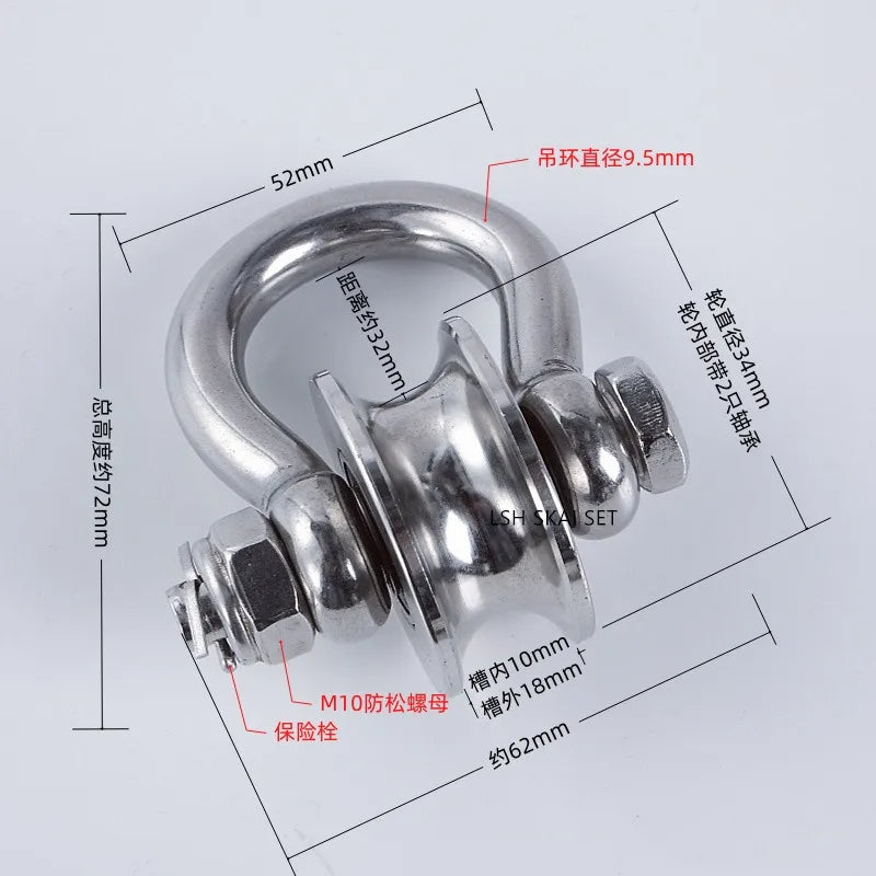 Heavy-Duty 304 Stainless Steel Pulley with Silent Bearing shown with dimensional markings