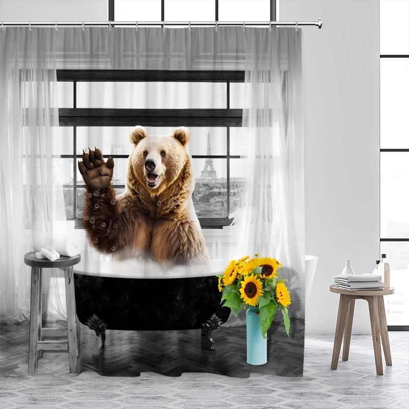 Cat Riding Dinosaur Shower Curtain with Ocean Wave Design