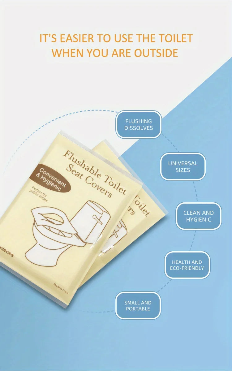 Pack of disposable toilet seat covers designed for convenient and hygienic use outside.