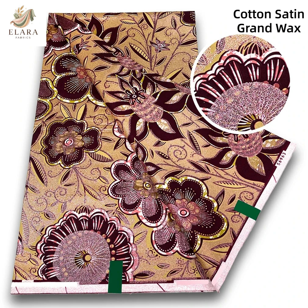 Cotton Satin Grand Wax fabric featuring pink glitter African wax print patterns