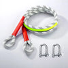 A coiled white and black patterned tow rope with red handles and two silver steel hooks.