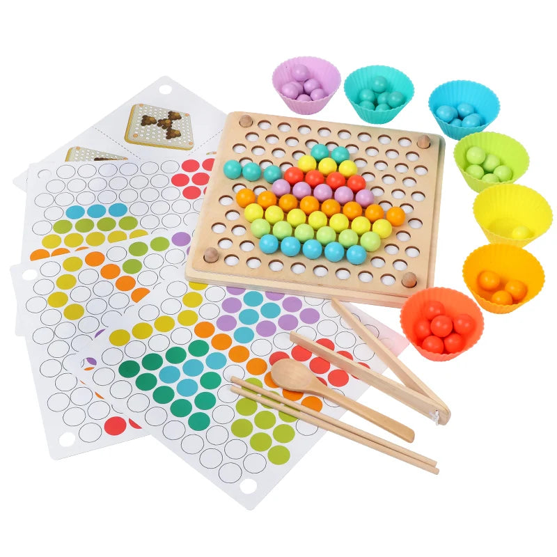 A wooden bead maze puzzle with colored beads and a wooden tray, along with various colored muffin cups and wooden tools.