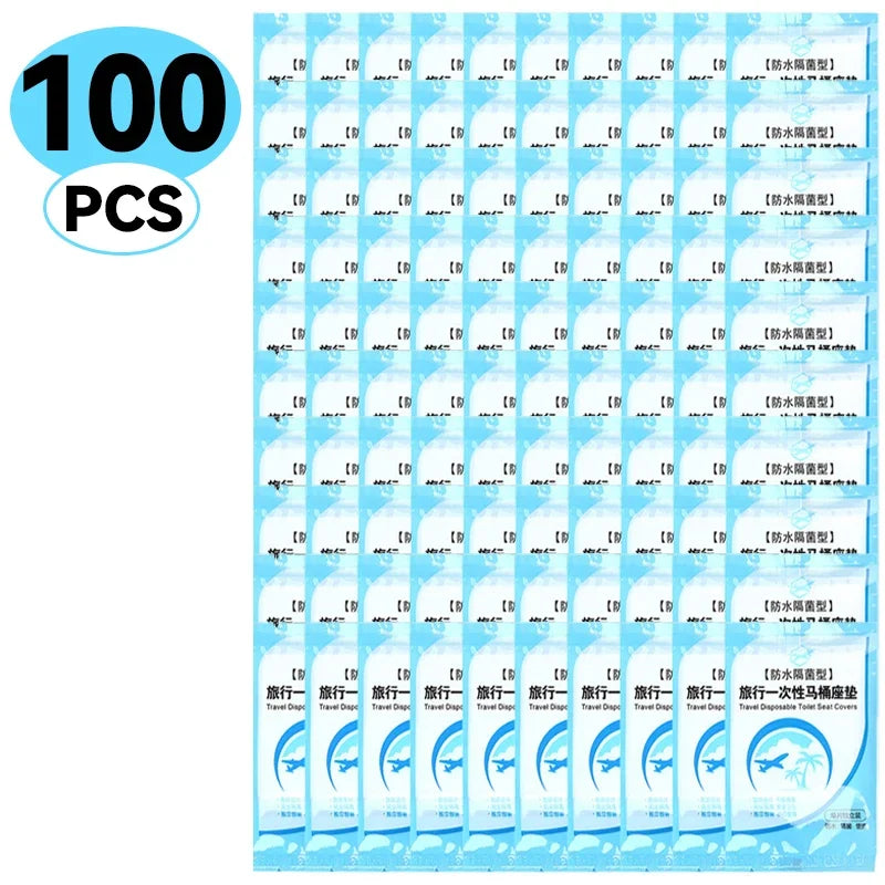 A pack of 100 disposable toilet seat covers designed for travel and waterproof use.