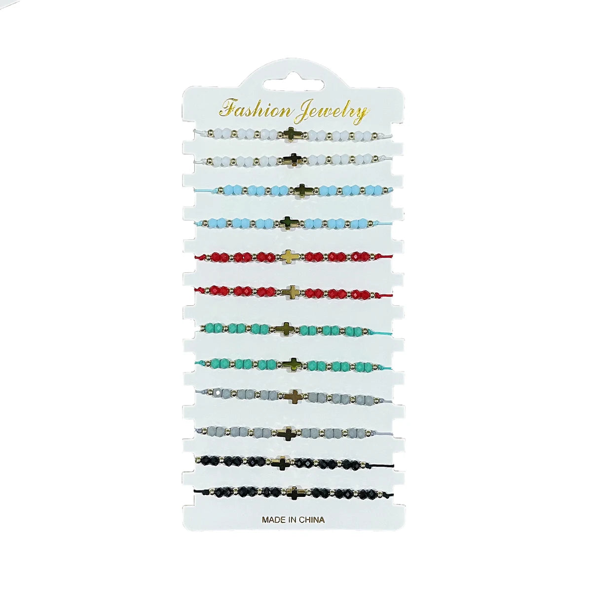 Présentation de bracelets de bijouterie à perles de mode dans différentes couleurs et styles.