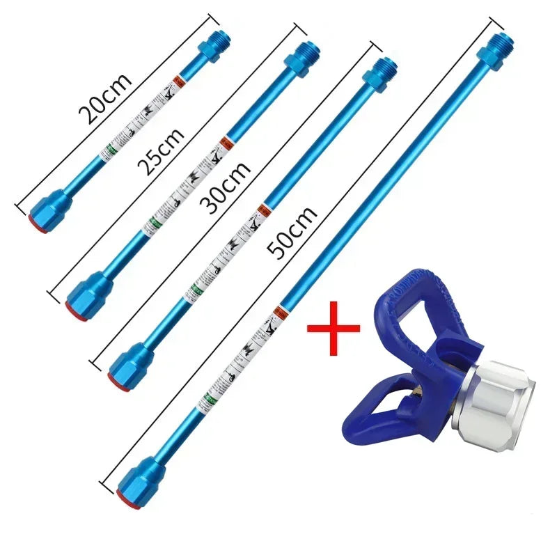 A set of blue airless paint sprayer extension rods with lengths of 20cm, 25cm, 30cm, and 50cm, along with a fitting.