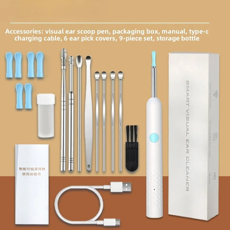 A set of HD Visual Ear Cleaners including a cleaning pen, packaging box, manual, charging cable, ear pick covers, and storage