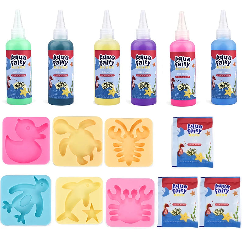 A collection of DIY craft kits featuring various colored and shaped water elf figures for children.