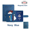 Navy blue RFID blocking passport holder with card slots and magnetic item protection