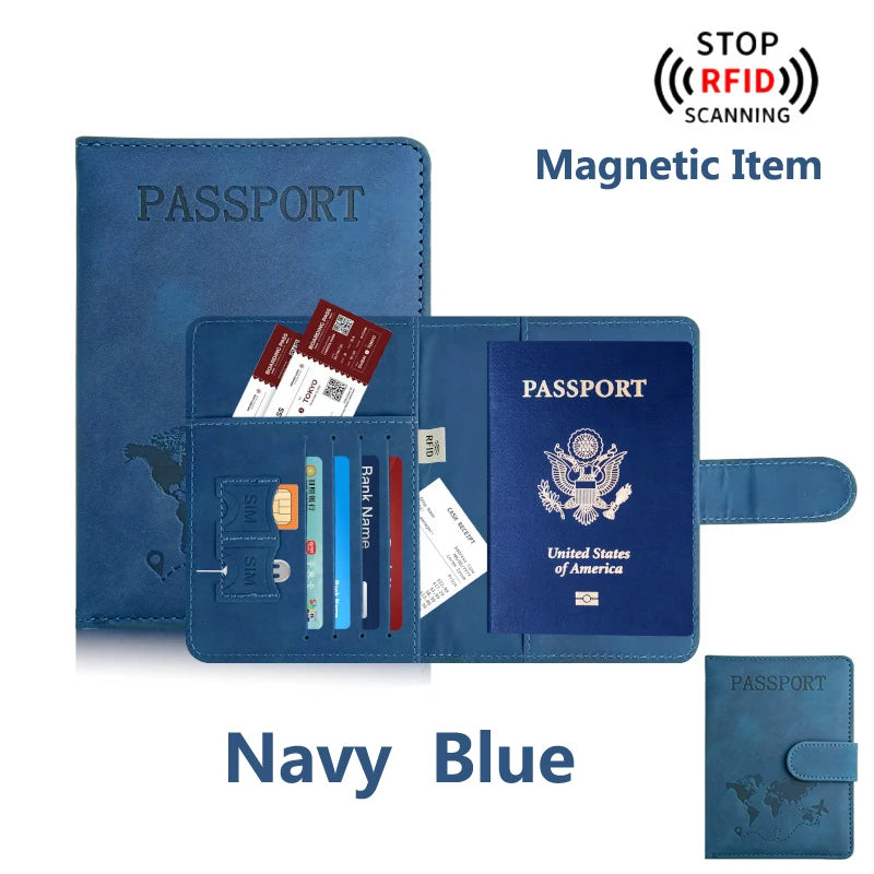 Navy blue RFID blocking passport holder with card slots and magnetic item protection