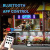 Hand holding a smartphone displaying an app control interface for a Bluetooth app connected to an open storefront display.