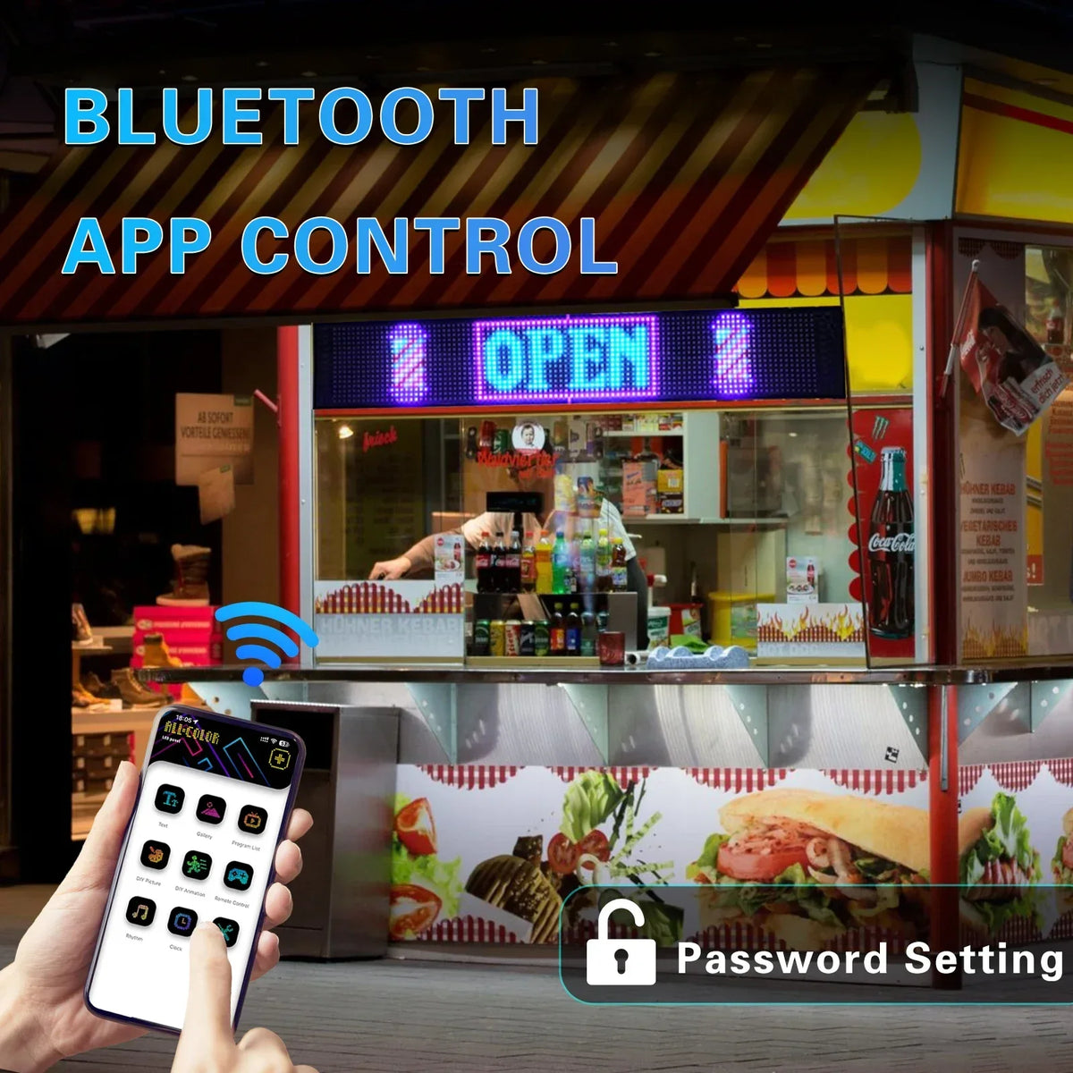 Hand holding a smartphone displaying an app control interface for a Bluetooth app connected to an open storefront display.