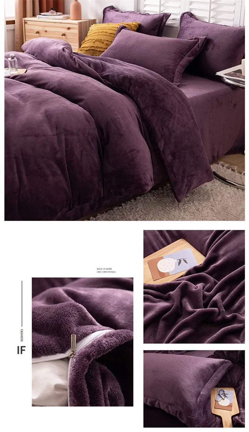 A close-up of a deep purple cozy flannel duvet cover with a zipper detail on a bed.