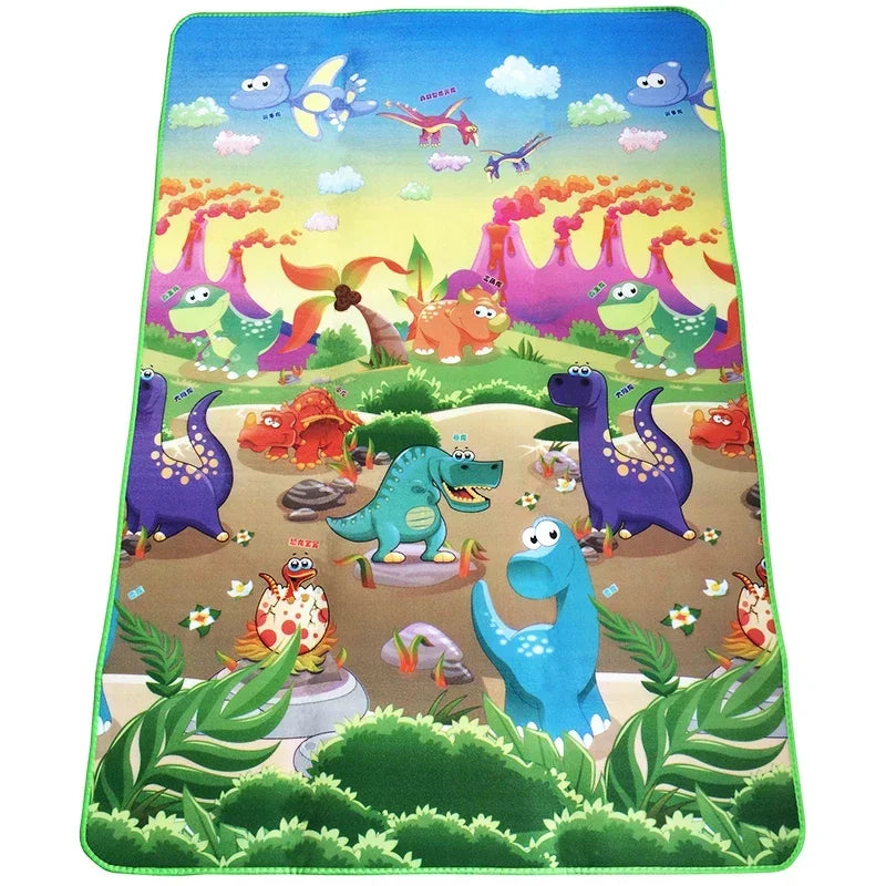 A colorful play mat featuring farm animal characters and clouds for baby play.