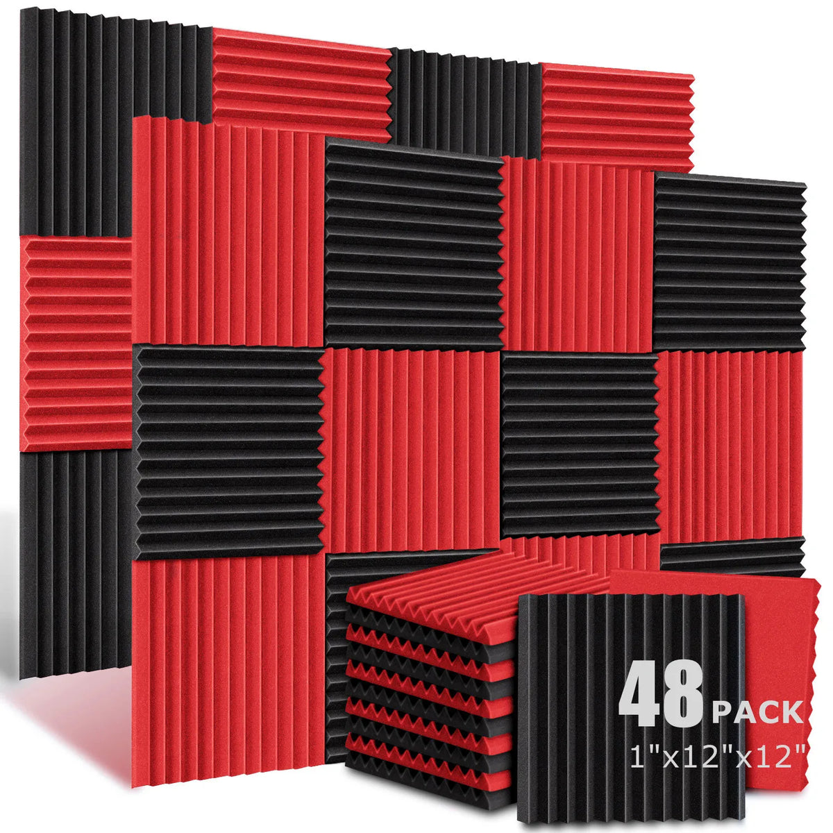 A 48-pack of acoustic foam wedge panels in red and black corrugated material.