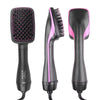 A black and pink 2-in-1 hot air brush dryer and styler tool shown in three views.