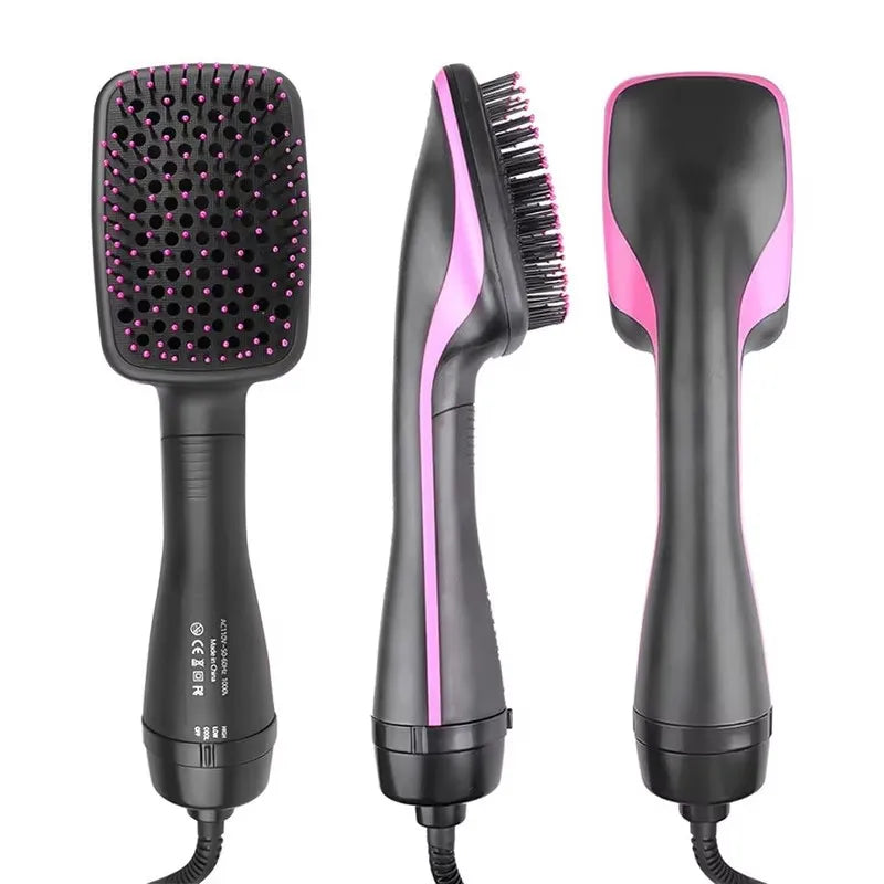 A black and pink 2-in-1 hot air brush dryer and styler tool shown in three views.