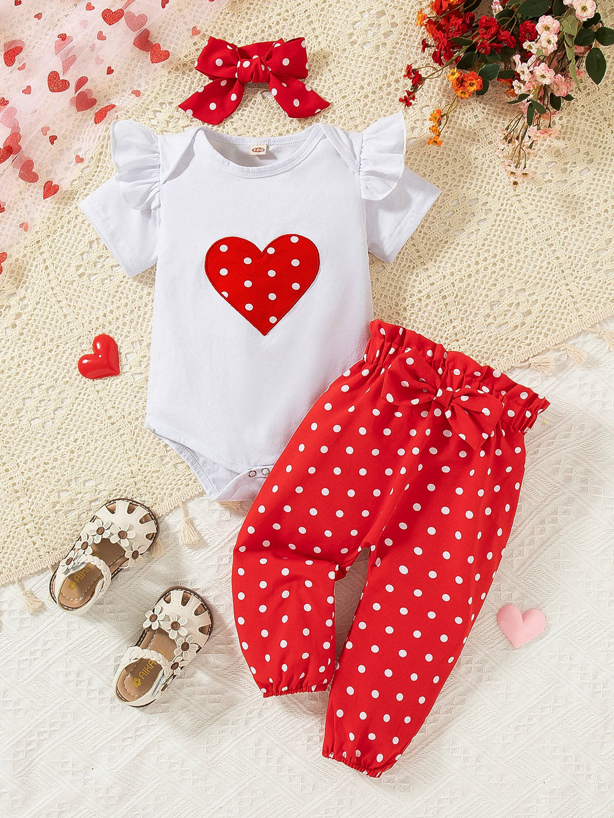 Adorable Heart Print Baby Girl Outfit Set (Romper, Pants & Headband)