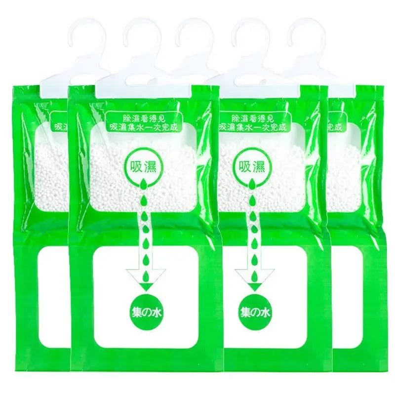 Pack of hanging moisture absorber bags for closets and cabinets with water absorption indicators
