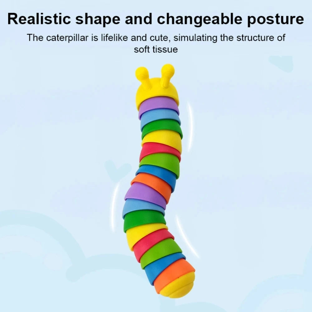 A colorful, segmented fidget slug toy with a changeable posture, simulating the structure of a caterpillar.