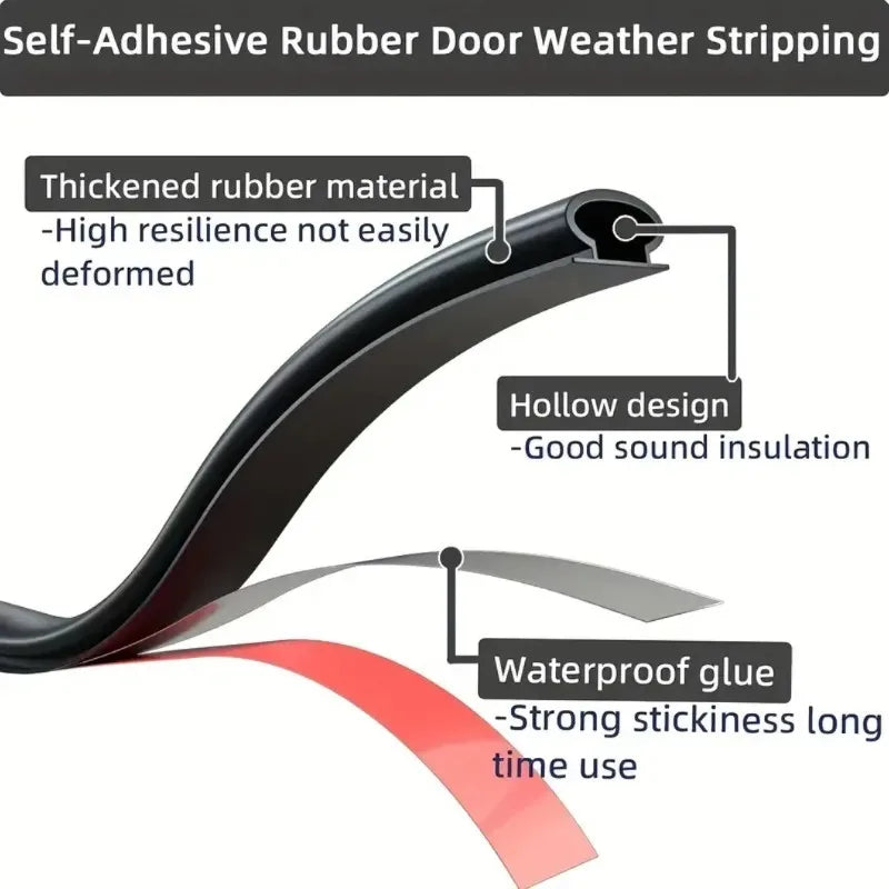 Black self-adhesive rubber weather stripping with a thickened material, hollow design for sound insulation, and waterproof gl