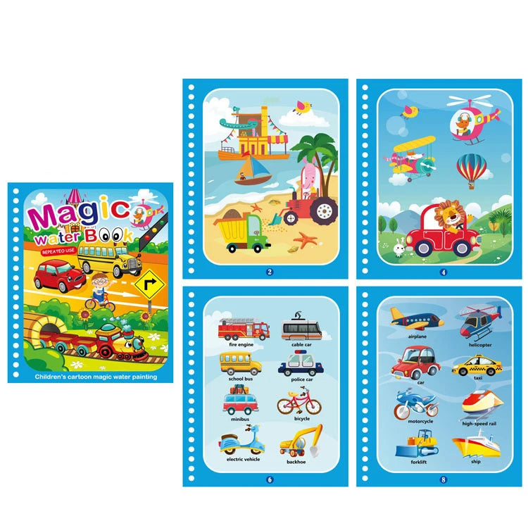 A set of six reusable magic water drawing books featuring various vehicles and scenes for children.
