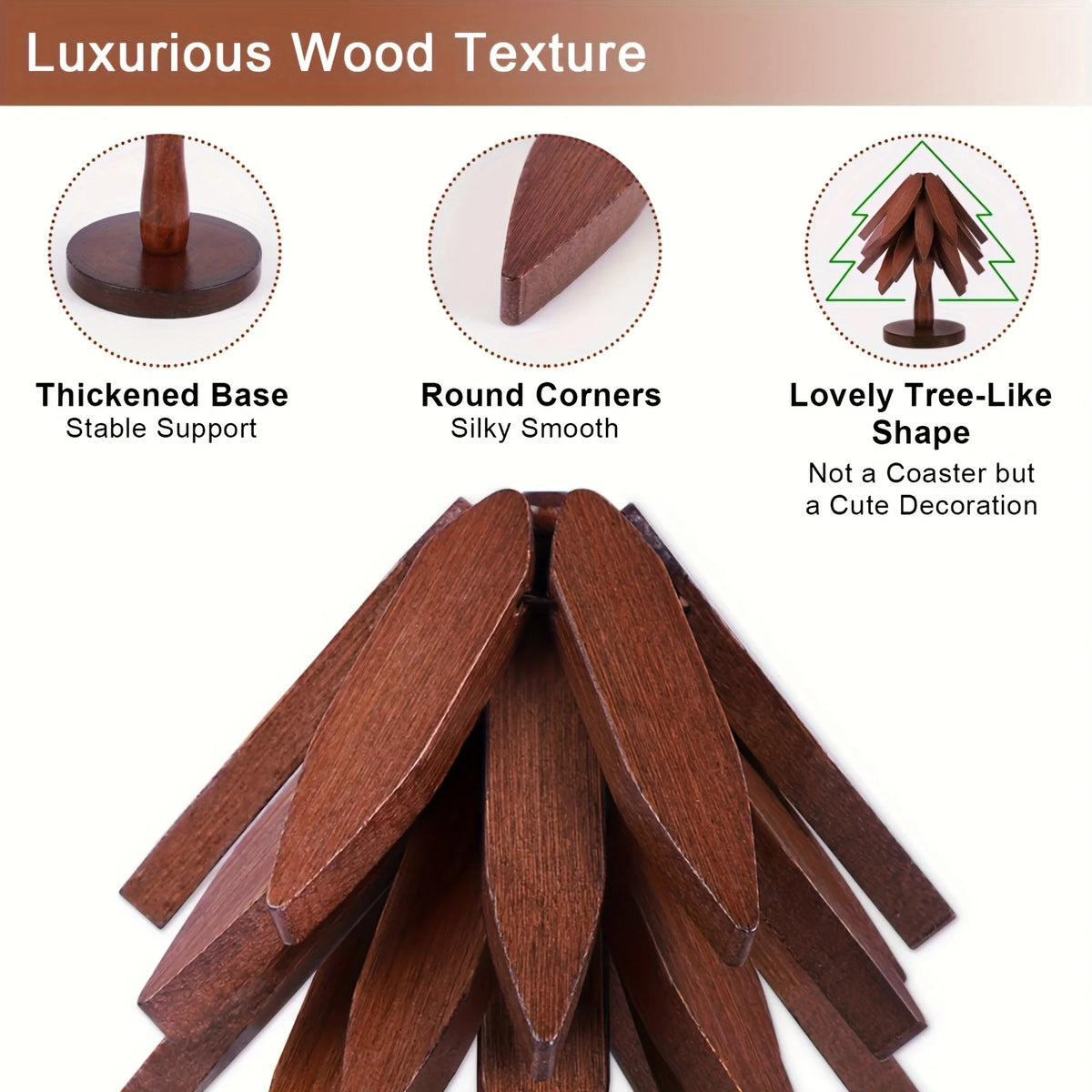 A pile of dark brown wooden tree-shaped coasters and folding placemats