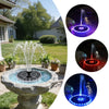 A solar-powered floating fountain with color-changing LED lights is shown in various close-up shots.