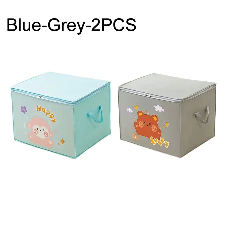 Two blue-grey foldable storage bags with cute animal designs for clothing and quilts