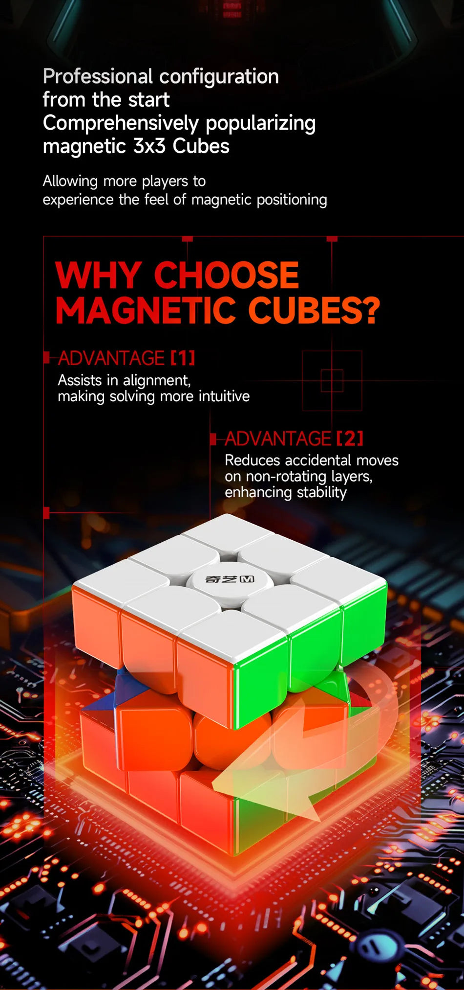 A close-up view of a red and green magnetic cube resting on a circuit board background.
