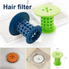 A set of flexible green and blue hair filters for drains, shown with close-ups of the components.