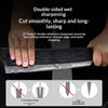 A hand holds a double-sided wet sharpened axe blade demonstrating its cutting ability and durability.
