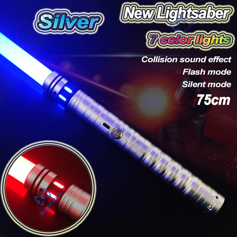 A silver lightsaber with 7 color lights and a collision sound effect is shown against a dark background.