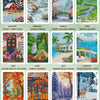 A collection of twelve diamond art images depicting seasonal scenes like a snowy cabin night, winter stream, cherry blossom b