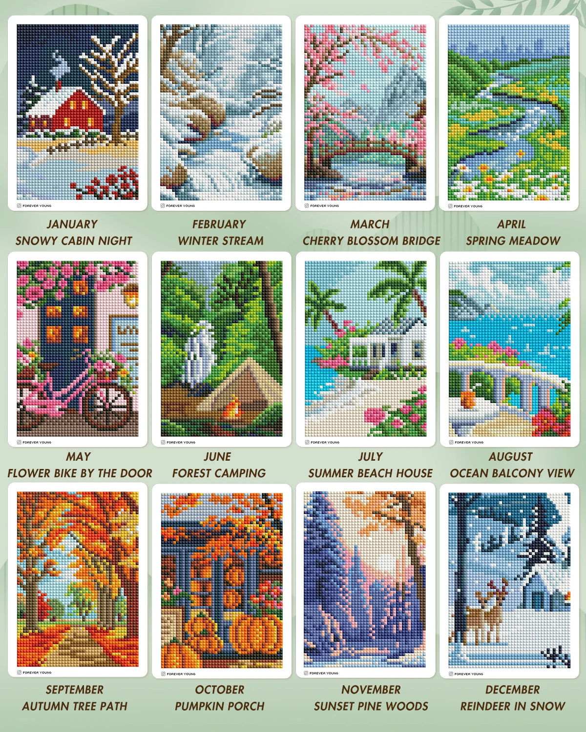 A collection of twelve diamond art images depicting seasonal scenes like a snowy cabin night, winter stream, cherry blossom b
