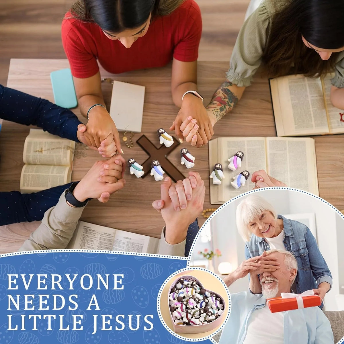 Hands joining in prayer with mini Jesus figurines for Easter celebrations