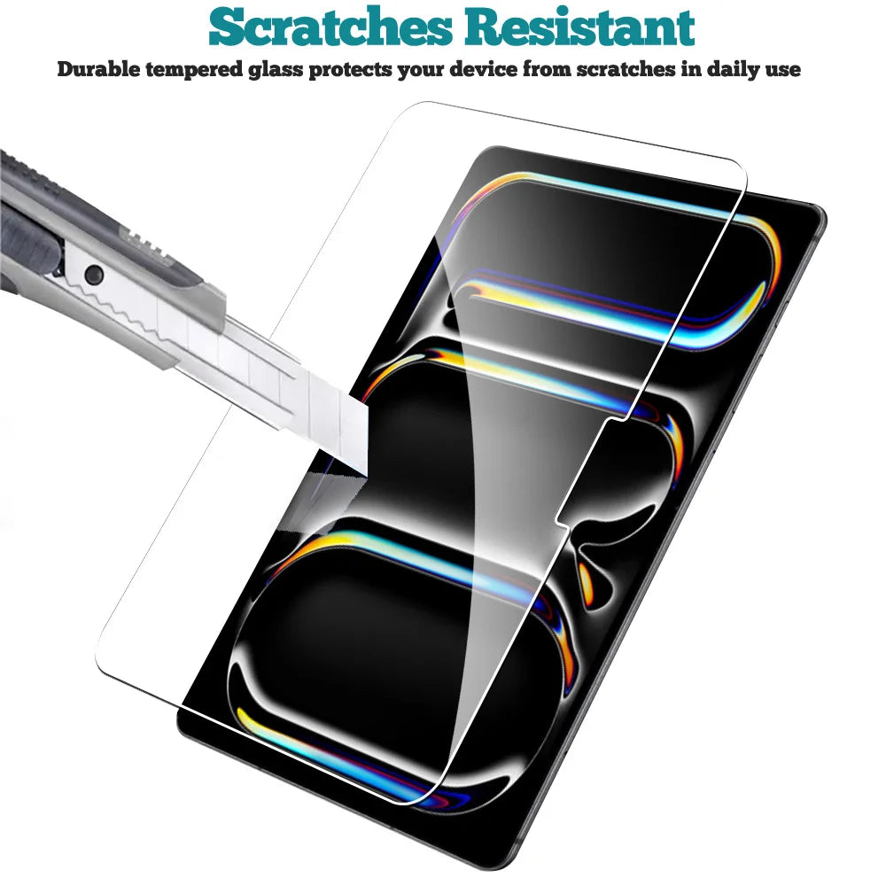 A clear tempered glass screen protector is shown being applied to a device, emphasizing its scratch resistance.