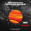 Embroidered patch of Mars with striped orange and yellow colors against a dark starry background
