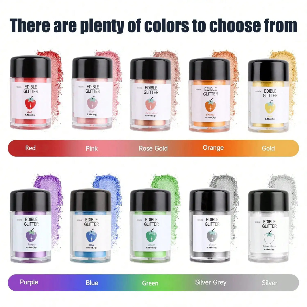 A variety of edible glitter colors including red, pink, rose gold, orange, gold, purple, blue, green, silver grey, and silver