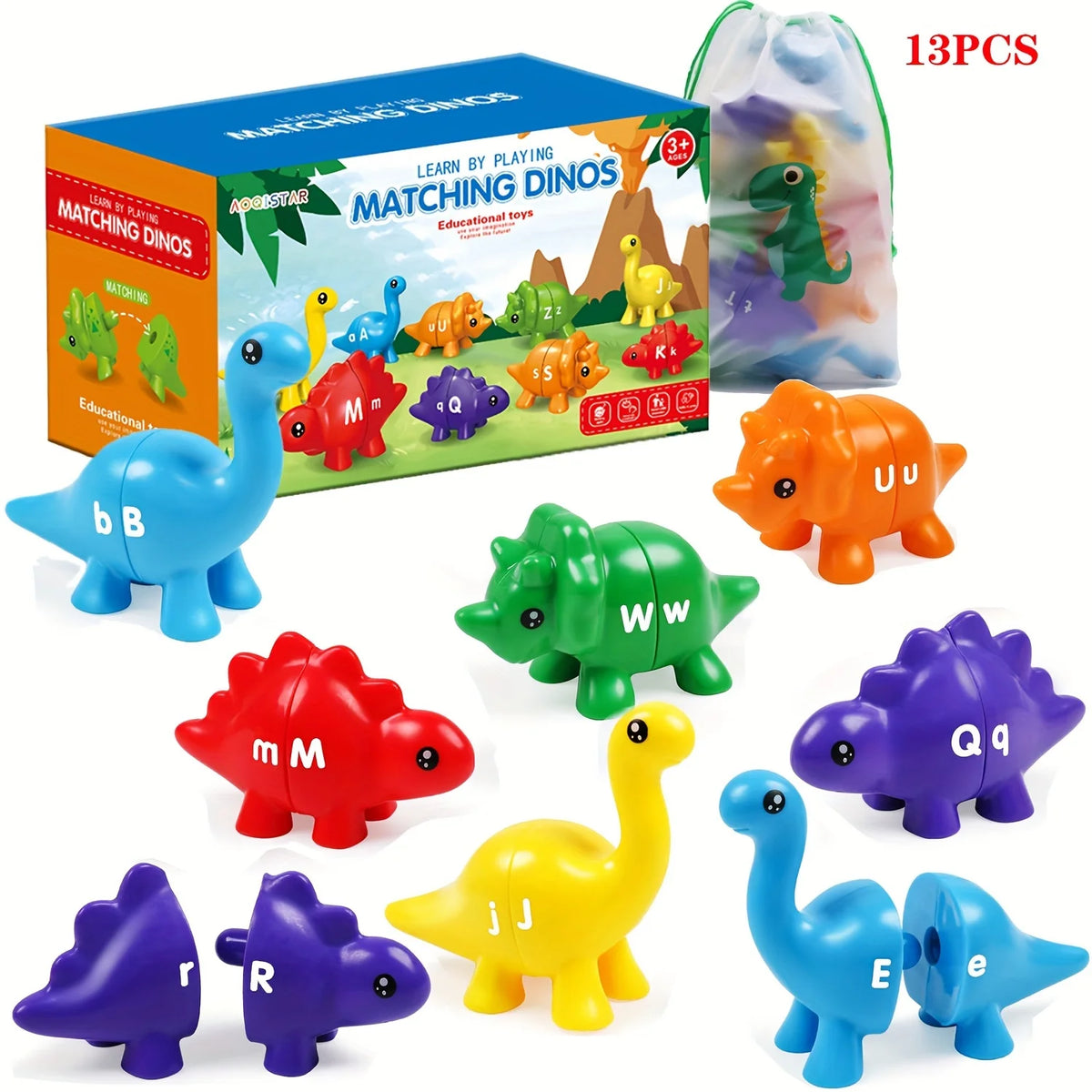 A set of 13 plastic dinosaur toys featuring letters and numbers for educational matching games.
