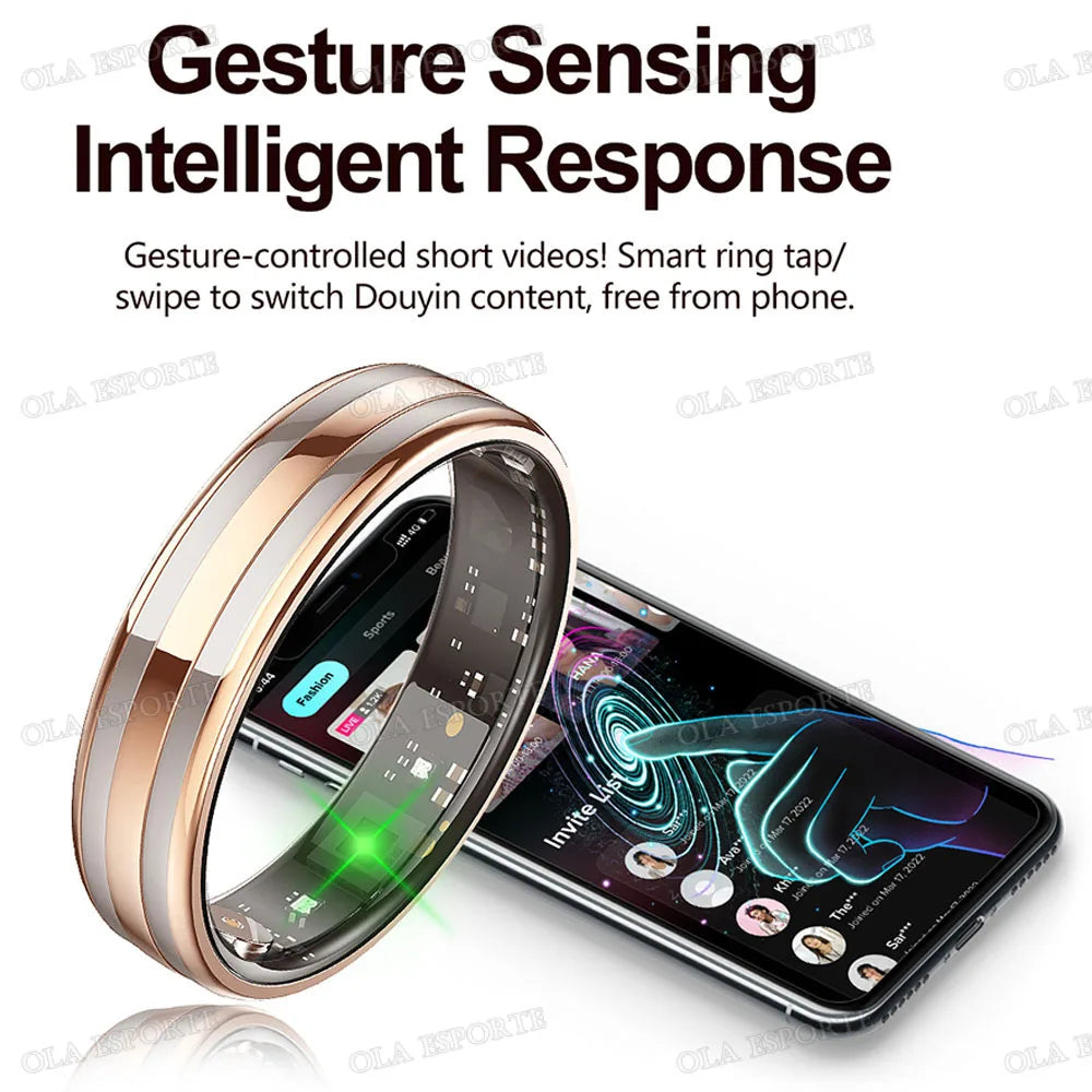 A close-up of a rose gold gesture sensing ring interacting with a smartphone screen.