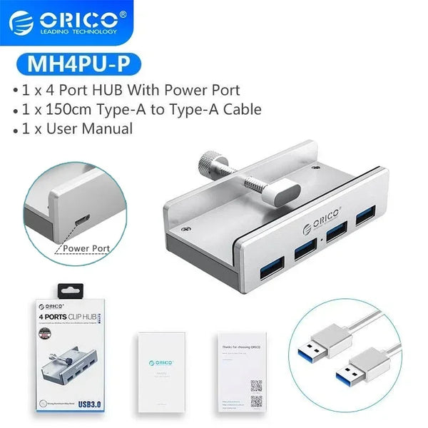 Aluminum USB 3.0 Hub with Clamp Mount for Desktops and Laptops