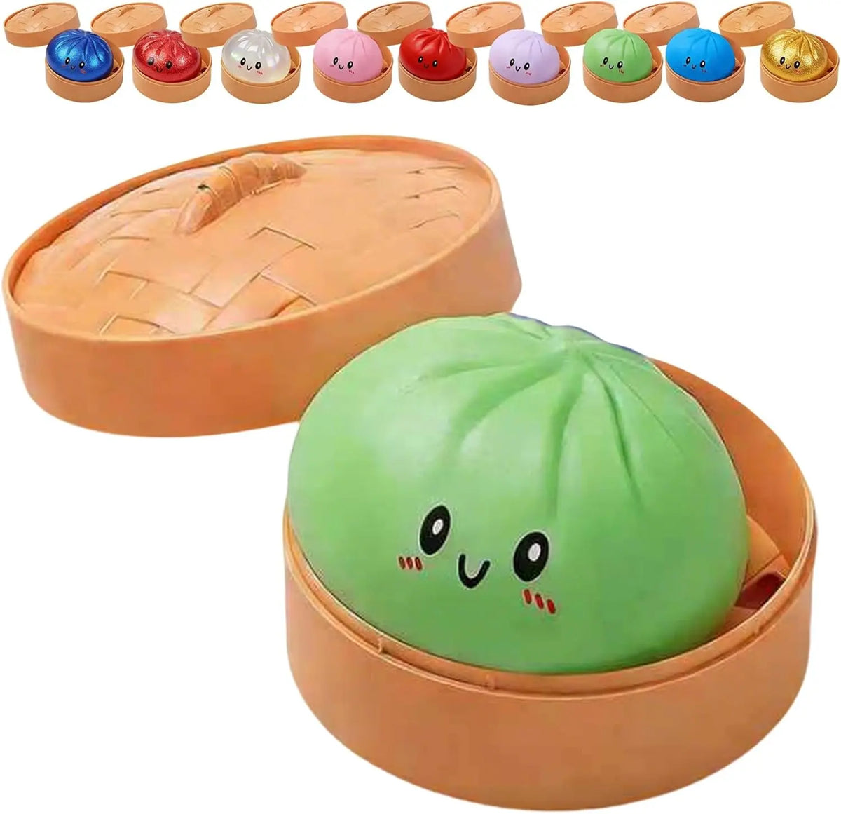 A set of colorful glitter dumpling squishy toys in various shapes and colors, including a large green one.