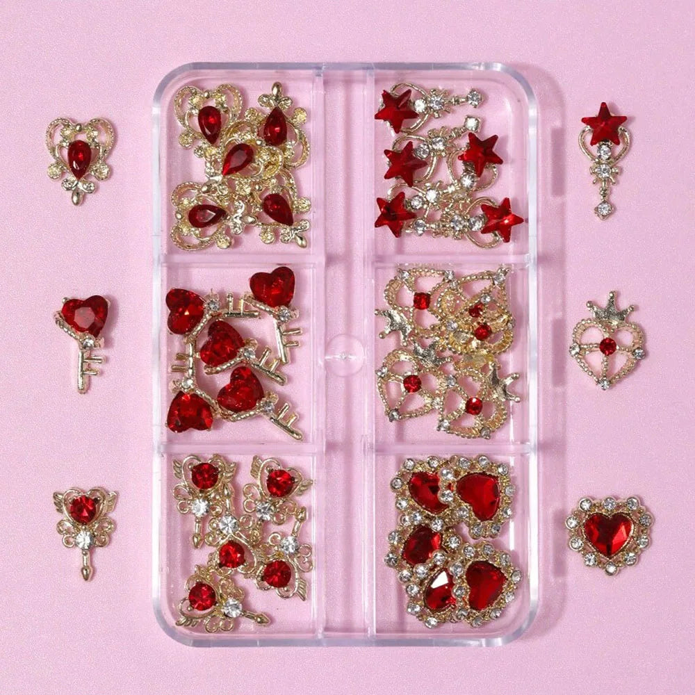 3D Red Heart Nail Art Charms with Gold Base (30-Piece Set)