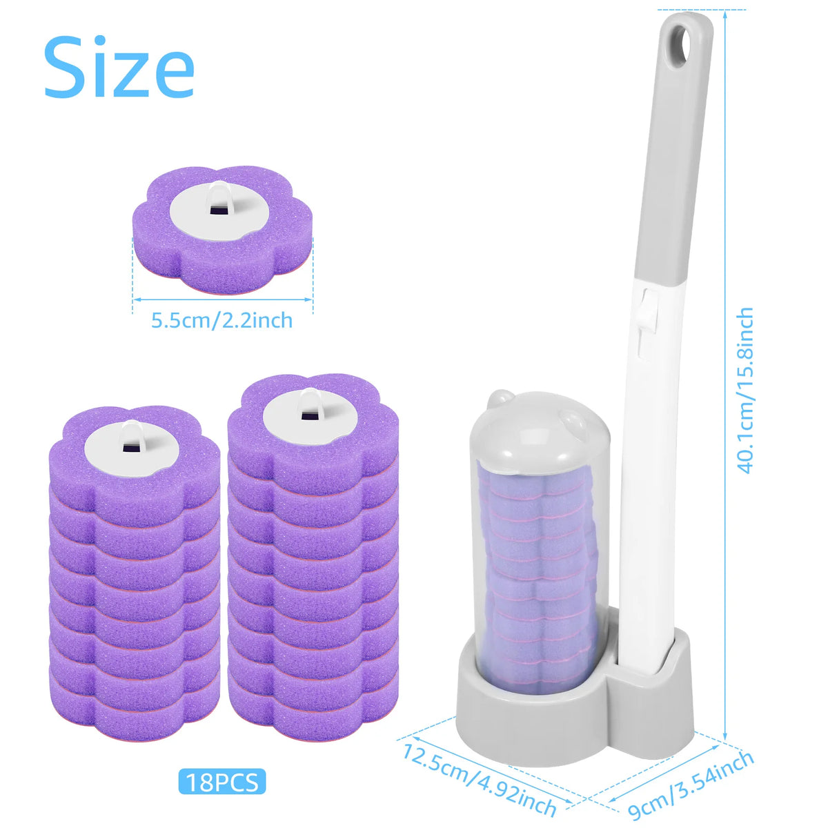 Purple disposable toilet brush set with wall-mountable holder and extended handle shown in various configurations