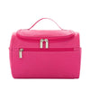 A bright pink hanging makeup bag with a zipper closure is shown against a white background.