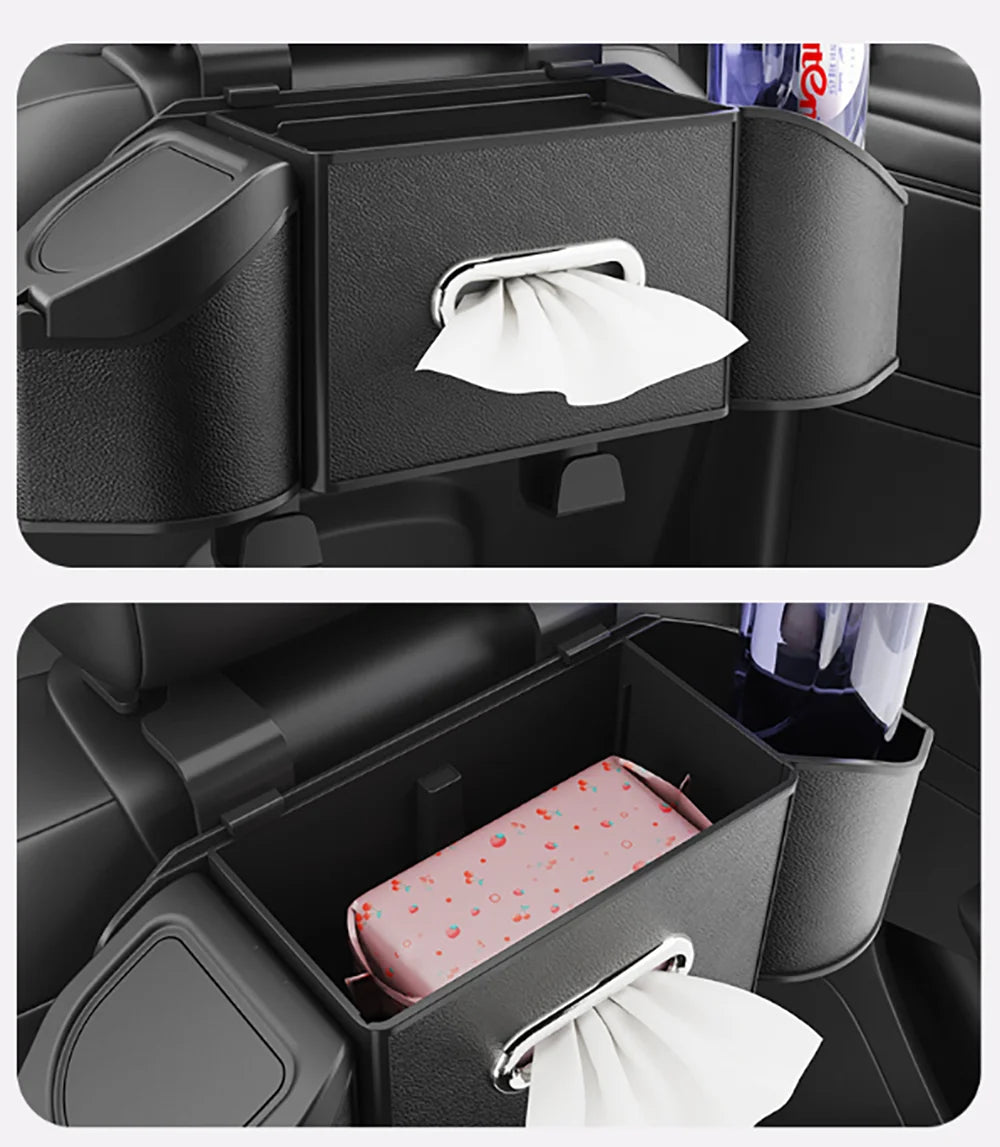A black car back seat organizer showing a cup holder, trash bin, and phone mount with a white napkin.