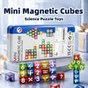 A storage box of mini magnetic cubes for science puzzles featuring colorful alphabet and number blocks