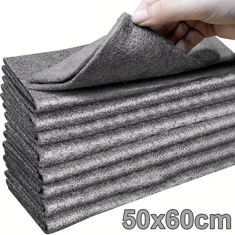 A stack of gray microfiber cleaning cloths is shown with a hand picking up one cloth.