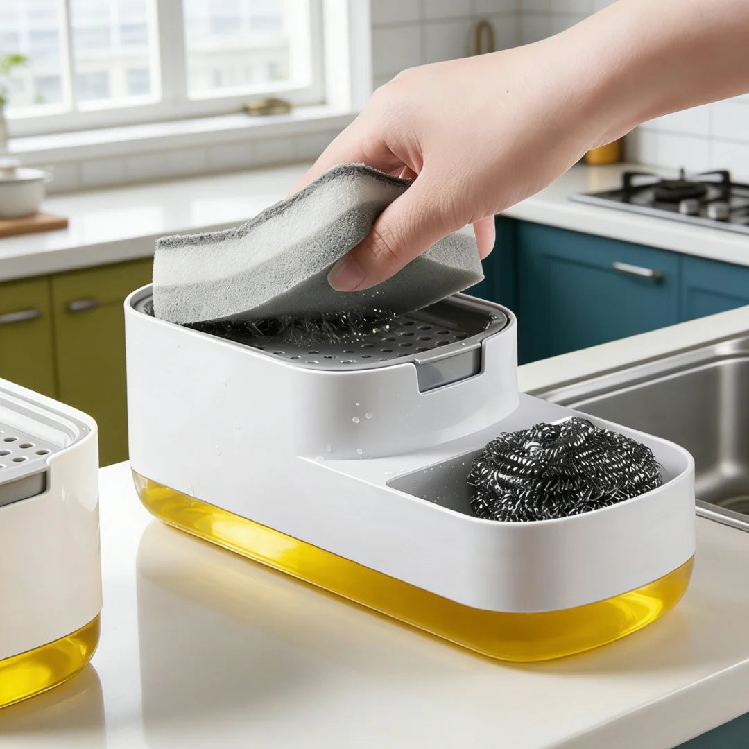 A hand is placing a gray sponge into the dispenser of a white countertop soap dispenser with a yellow base.